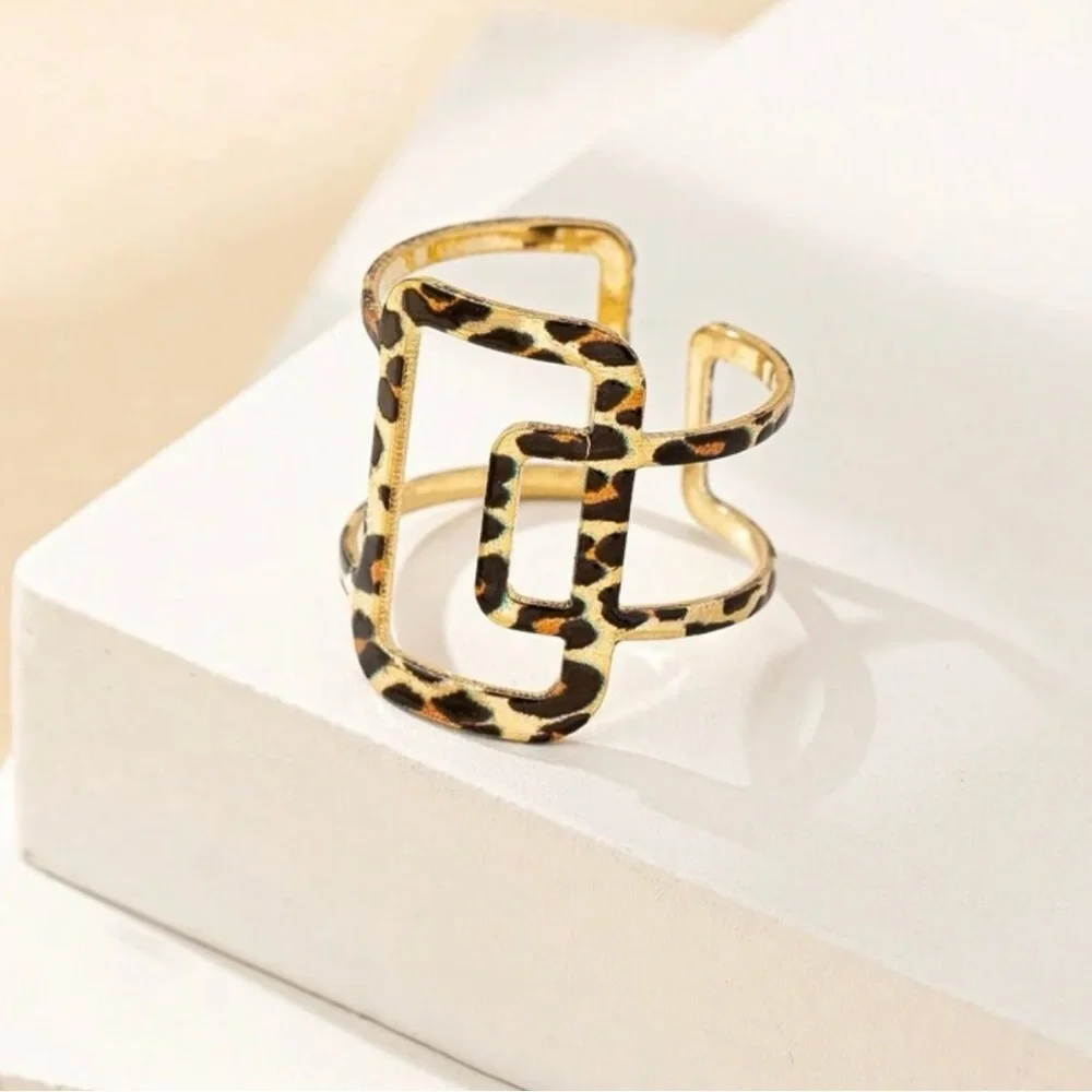Leopard Print Gold Geometric Statement Ring